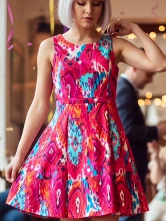 Badgley Mischka Dresses & Skirts - ⭐️HP⭐️ BADGLEY MISCHKA Sleeveless Party Dress. Vibrant Ikat Pattern.Sewn-in Belt